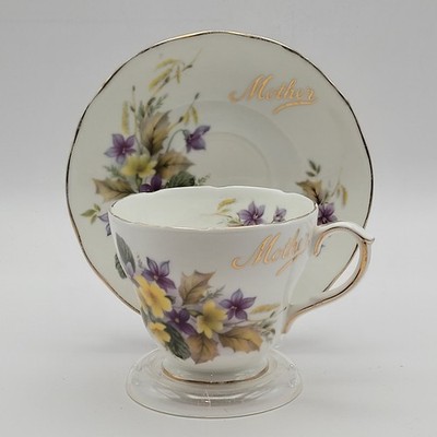 Vtg Duchess Bone China ''Mother'' Tea Cup Set Floral with Scalloped Gold Gilt Rims