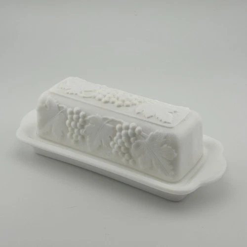 Vintage Milk Glass Grape & Leaf Full Size Butter Dish w Lid and Tray