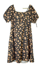 Plus Size XXL Black Floral Midi Dress Square Neck Puff Sleeve Stretchy Waist