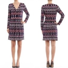 Tory Burch Long Sleeve Fern-Print Matte Jersey Dress size M Blue Red