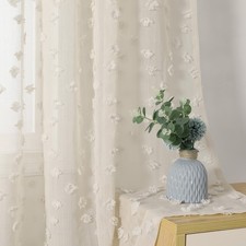 Beige Sheer Curtains for Bedroom Living Room with Pom Pom 84 Inches Long Ligh...