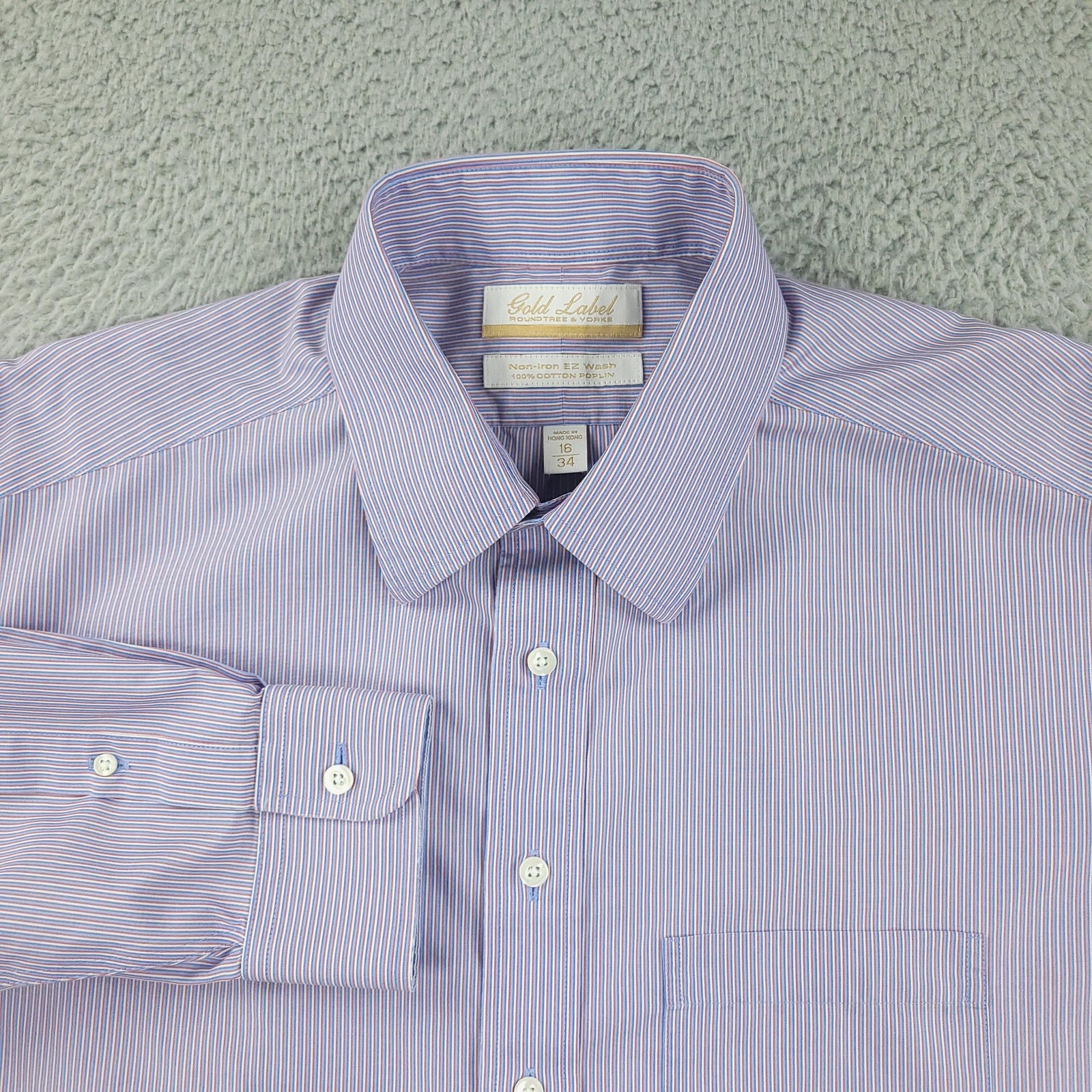 Roundtree & Yorke Gold Label Dress Shirt Mens 16 34/35 Blue Stripe Non Iron