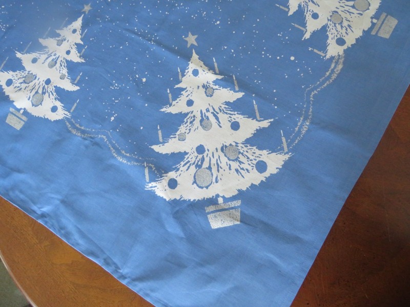 MARTHA STEWART XMAS TABLECLOTH KMART Blue Bkg Silver Metalic-White Tree Unused