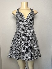 Anna Sui Women's Floral Pattern Black and White Flared V-Neck Dress Sz M