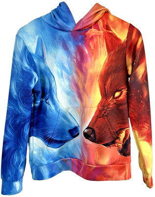Boys 3D Digital Printing Hoodie Wolf Ice & Fire Hooded Sweatshirt M Pockets