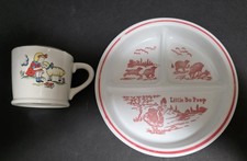 Vintage Little Bo Peep Vitrock Podzielony talerz i kubek Szkło mleczne W S George Potte
