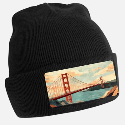 Black Beanie Hat with Cool Golden Gate Bridge Motif - Unisex Cap, Cotton
