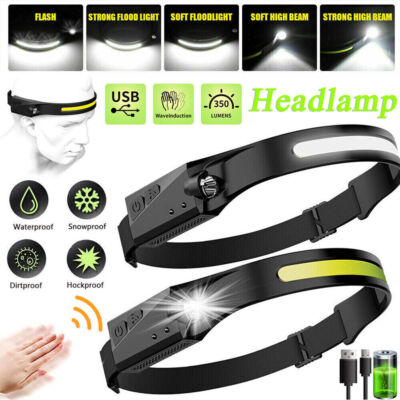 2X LED Head Torch Rechargeable Waterproof COB Headlamp Motion Sensor Headlight