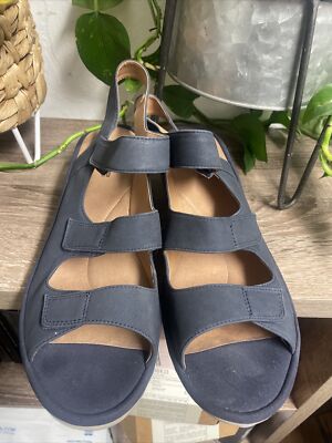 Clarks Collection REEDLY JUNO Navy BlueLeather Straps Wedge Women’s 12W  - Main Image