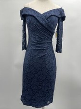 Oleg Cassini Women's Off-the-Shoulder Knee Length Marine Navy Lace Dress Size 2