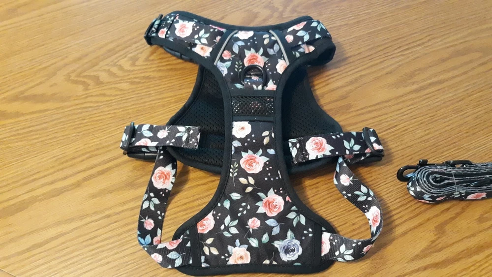Dog Harness Size Large with walking Leash Black with Roses new