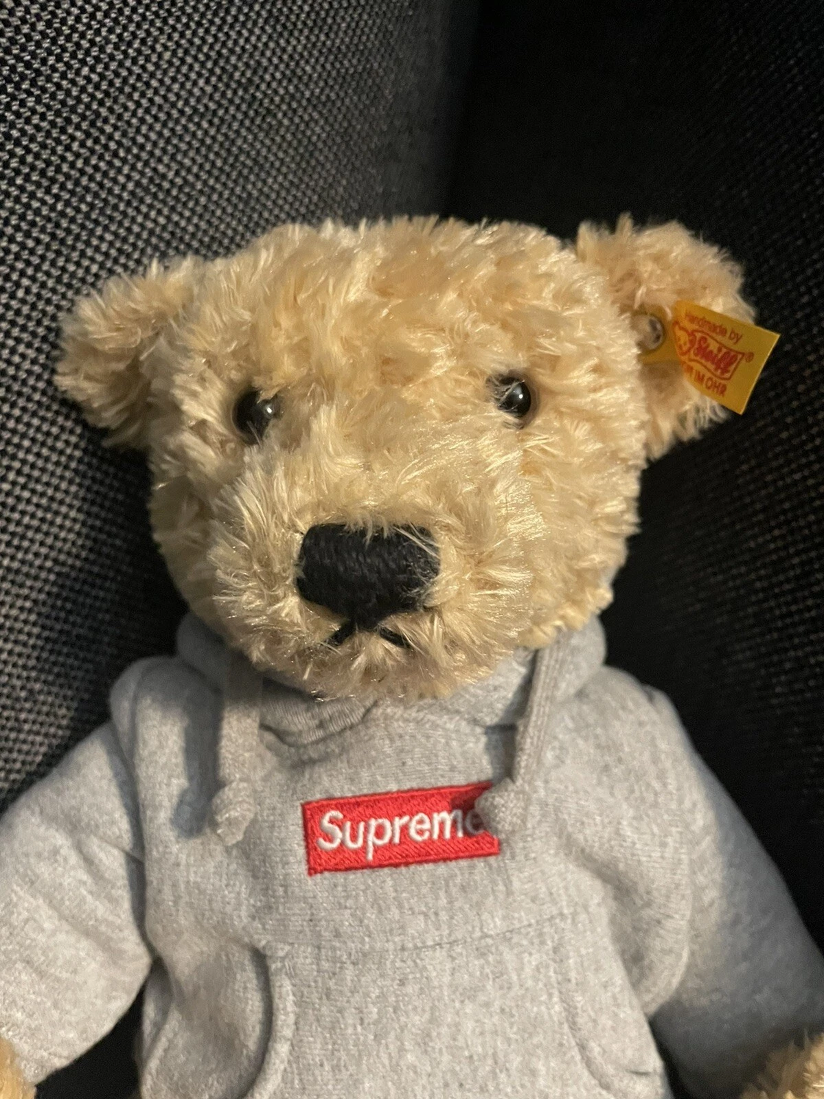 Felpa con cappuccio Supreme Steiff Bear grigio heather logo scatola rosso FW18 nuova