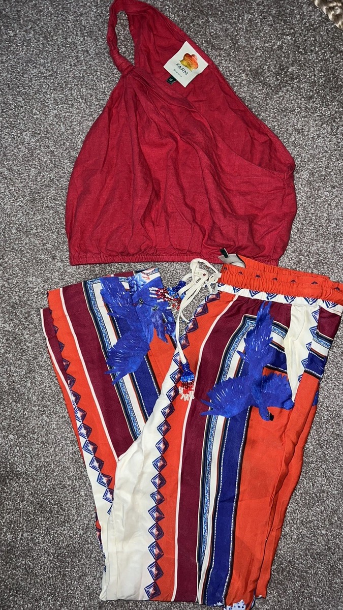 Farm Rio Red White Blue Macaw Scarf Pants And Knotted Crop Top