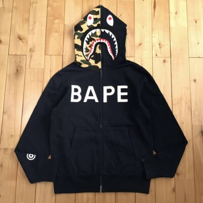 A・BATHING APE HOODIE L BAPE logo shark full zip hoodie navy x 1st camo yellow A Bathing