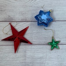 Star Christmas Tree Ornaments Set of 3 Different Stars Red Blue Green Plastic