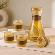 Amber Glass Pitcher Set with 6 Ribbed Glasses & Leather Trim – 7 Pc Drinkware