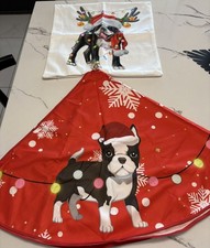 Boston Terrier Christmas Tree Red Skirt Reindeer 17x17 Decor Cushion Cover