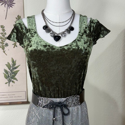 Vintage Y2K Green Crushed Velvet Flutter Sleeve Top Fairy Forest Whimsigoth S M - Picture 2 of 7