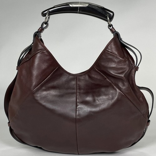 Yves Saint Laurent Mombasa Brown Leather Shoulder Bag Horn Handle Silver