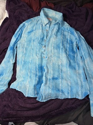 D-Coy Womens Med Blue Button Down Long Sleve Tie Dye Blouse