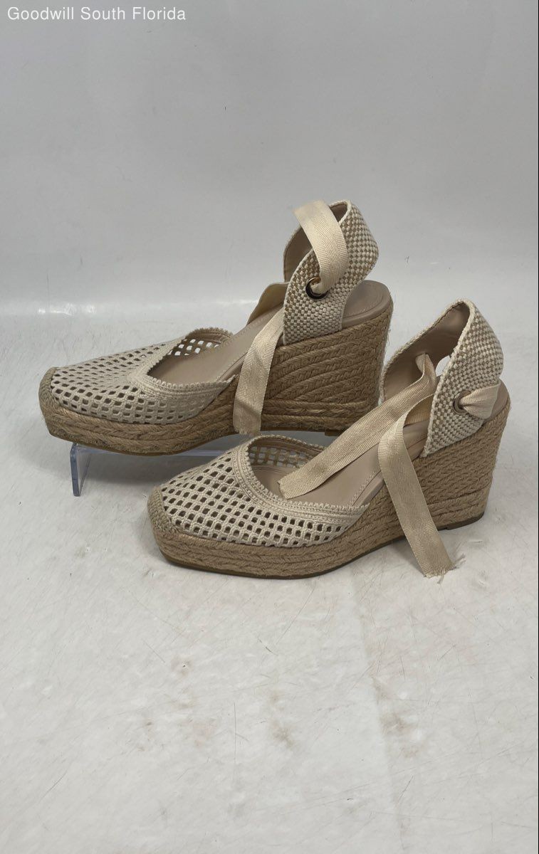Zara Womens Beige Contrasting Ankle Tie Wedge Espadrille Sandals Size EU 37