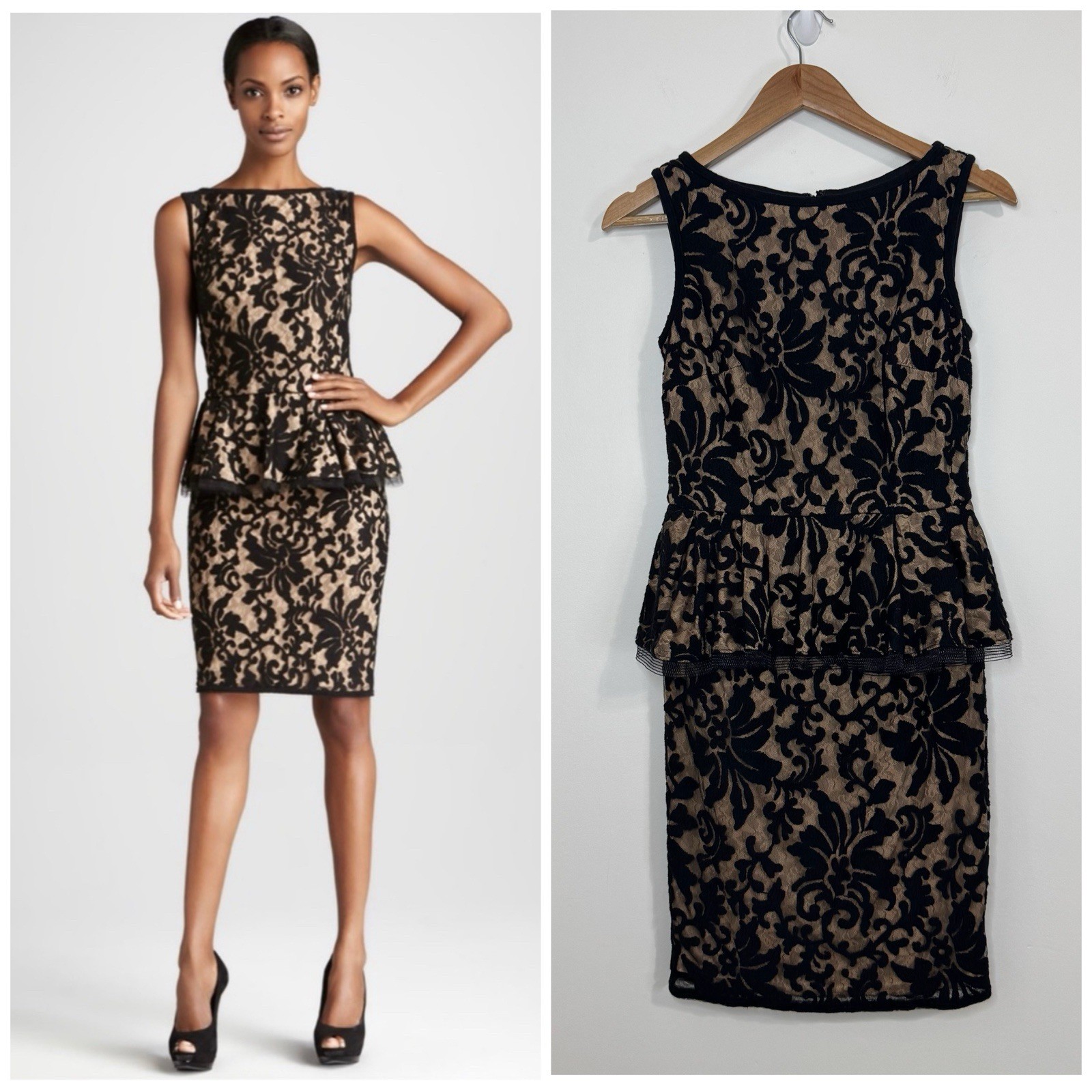 TADASHI SHOJI Lace Overlay Peplum Dress Size 2 Black Nude Sleeveless Lined