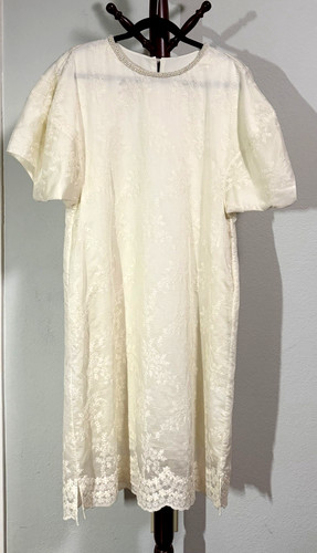 RUMERE Off-White Pearl Neck Floral Embroidered Lace Side Pocket Shift Midi Dress
