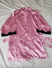 Fredericks of Hollywood Robe Womens Small Pink Short Satin Lace Belted Vintage