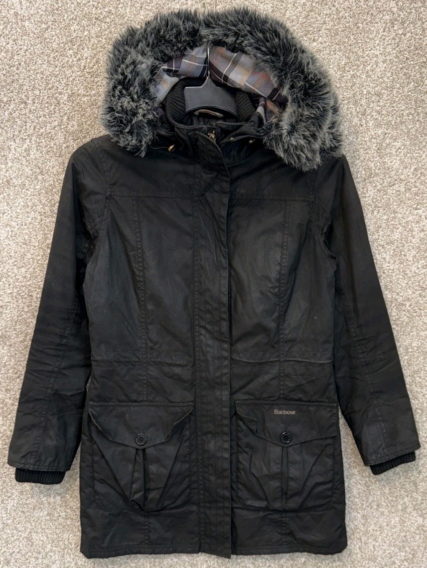 Barbour Womens Black Brenin Waxed Parka Hooded Jacket UK 8 US 4