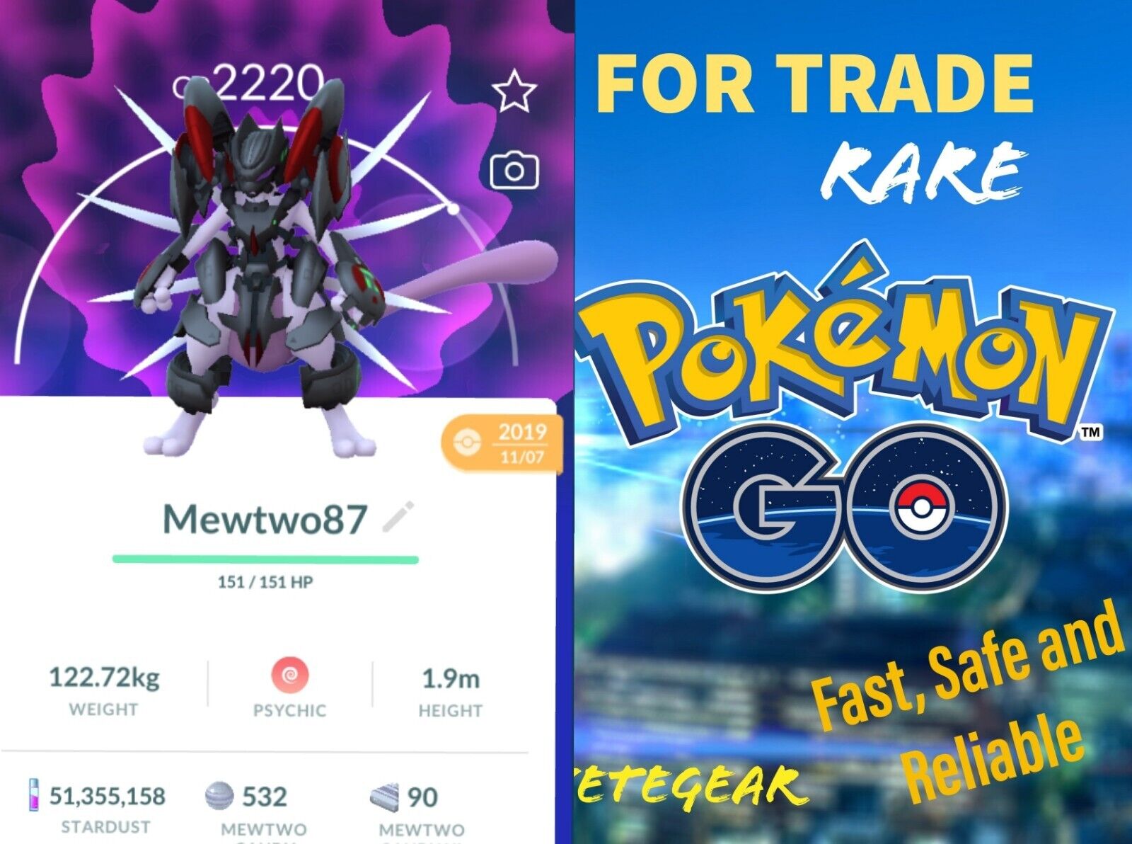 Pokémon Go Legendary Armored Mewtwo Registered or 1 Million Dust Trade