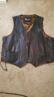Xelement Embossed Vest Mens X Large Brown Leather Eagle Flag Laced