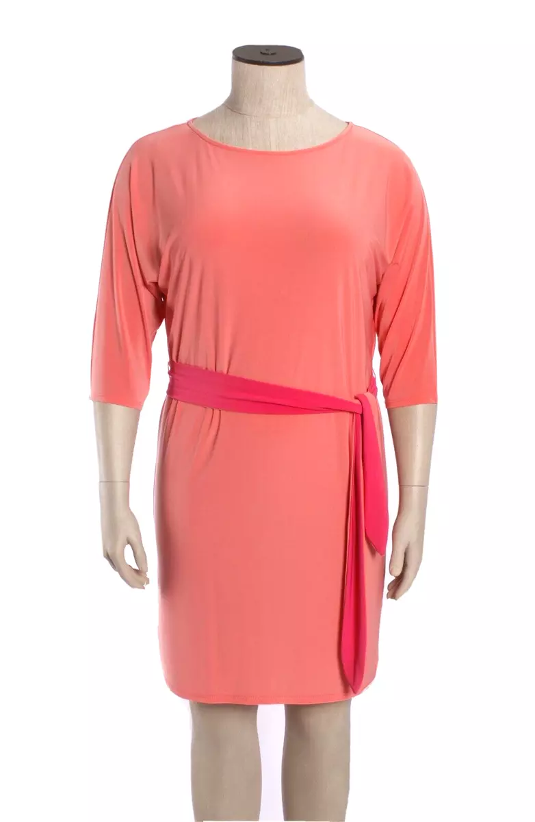 MSK Size 14 16 Pinky Orange Shift Dress 3 4 Dolman Sleeves Belt