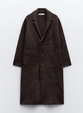 Zara Brown Wool Blend Brushed Finish Knit Coat With Label Collar Size S Rrp £79.