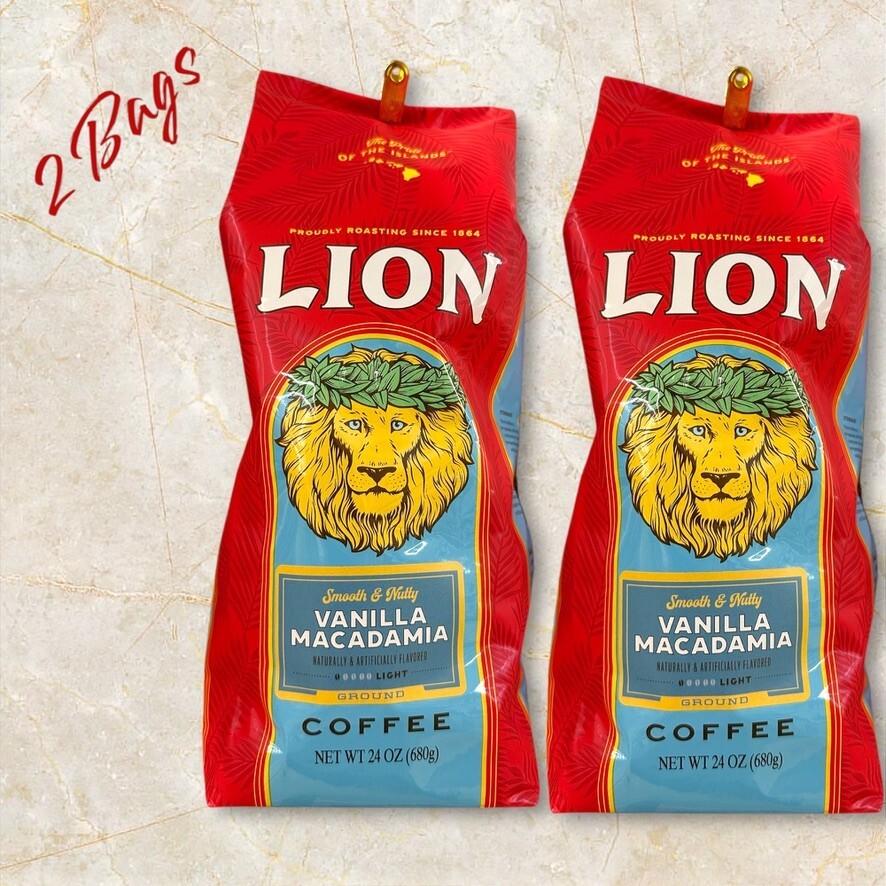 2 BAGS HAWAII LION Ground Coffee VANILLA MACADAMIA Light