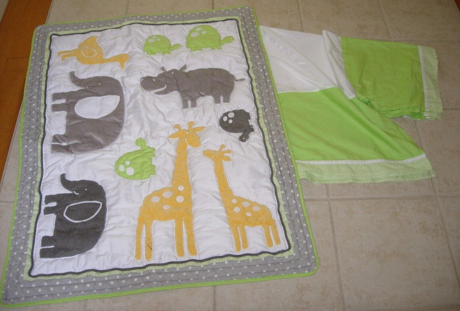 carters animals gray white green crib set bedding quilt dust ruffle BED SKIRT