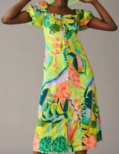 New Farm Rio x Anthropologie Printed Puff Sleeves Sm 4/6 Button Front Linen Midi