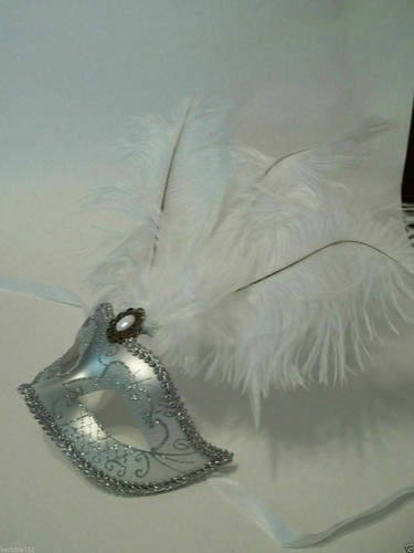 White Silver Venetian Mask Feather Masquerade Mardi Gras 12" - Picture 4 of 6
