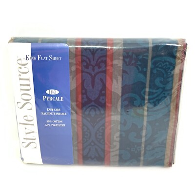 Vintage Sears Springmaid Teal Demask Stripe King Flat Sheet 180 Percale #7972-78