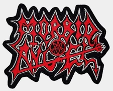 MORBID ANGEL RED AND WHITE LOGO (shaped border) EMBROIDERED PATCH