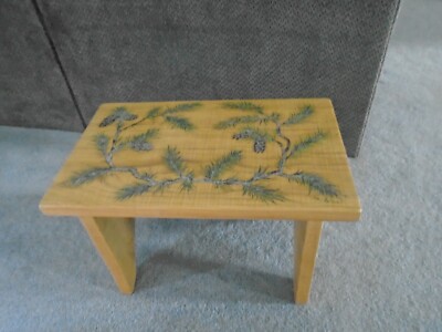 Hand Painted Pine needles SOLID OAK Wood Bench Foot Stool Plant Stand Ottoman