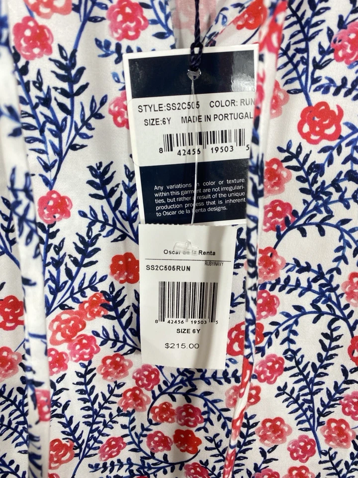 NWT Oscar De La Renta Pink & Navy Floral Long Sleeve Dress Girls Size 6 - Image 4 of 4