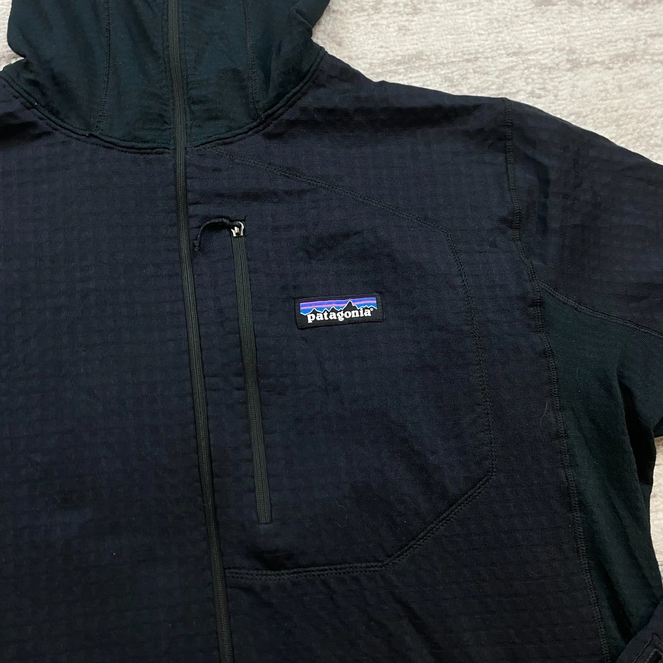 Patagonia R1 Pullover Polar Sudadera con Capucha Grande Negro Rejilla Polartec Cremallera Exterior Hombres Foto 4 de 4