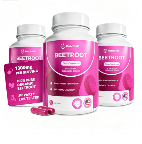 3PCS Rosabella Organic Beet Root 60 Capsules Natural Energy Boost Blood Pressure