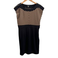Spense Black Brown Chevron Boat Neck Sheath Work Career Dress 10 M Medium