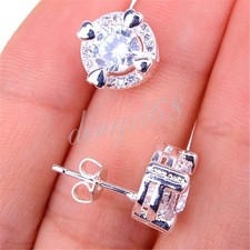 Genuine 925 Sterling Silver 4-Hearts Crystal 11mm Round Stud Post Earrings E873