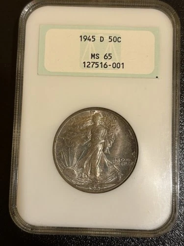 1945 D Walking Liberty Half Old & Rare NGC Fatty Gold Embossed Back MS 65 Toned