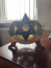 VINTAGE ! "JERUSALEM" BRASS Jewish Letter Rack / Napkin Holder Menorah Brutalist
