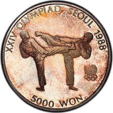 PR65DCAM 1987 South Korea Seoul Olympics 5000 Won Silver Proof, PCGS- Toned