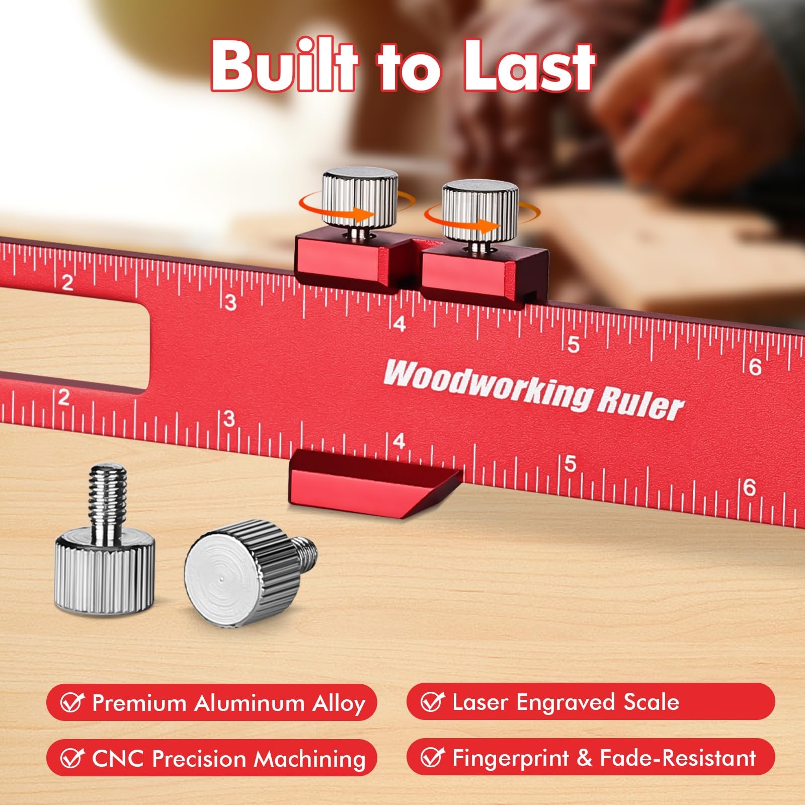 3PCS Woodworking Ruler Set, Precision Pocket Ruler with Adjustable Slide Stop, A