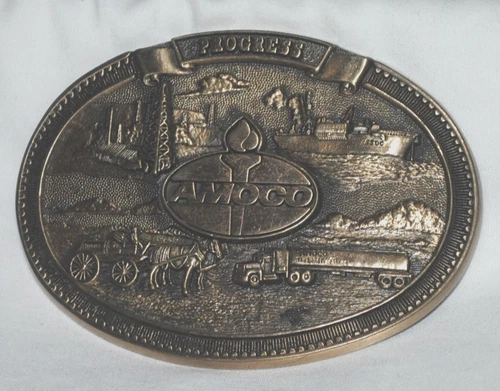 AMOCO vintage solid brass belt buckle, "PROGRESS", excellent, Standard Oil